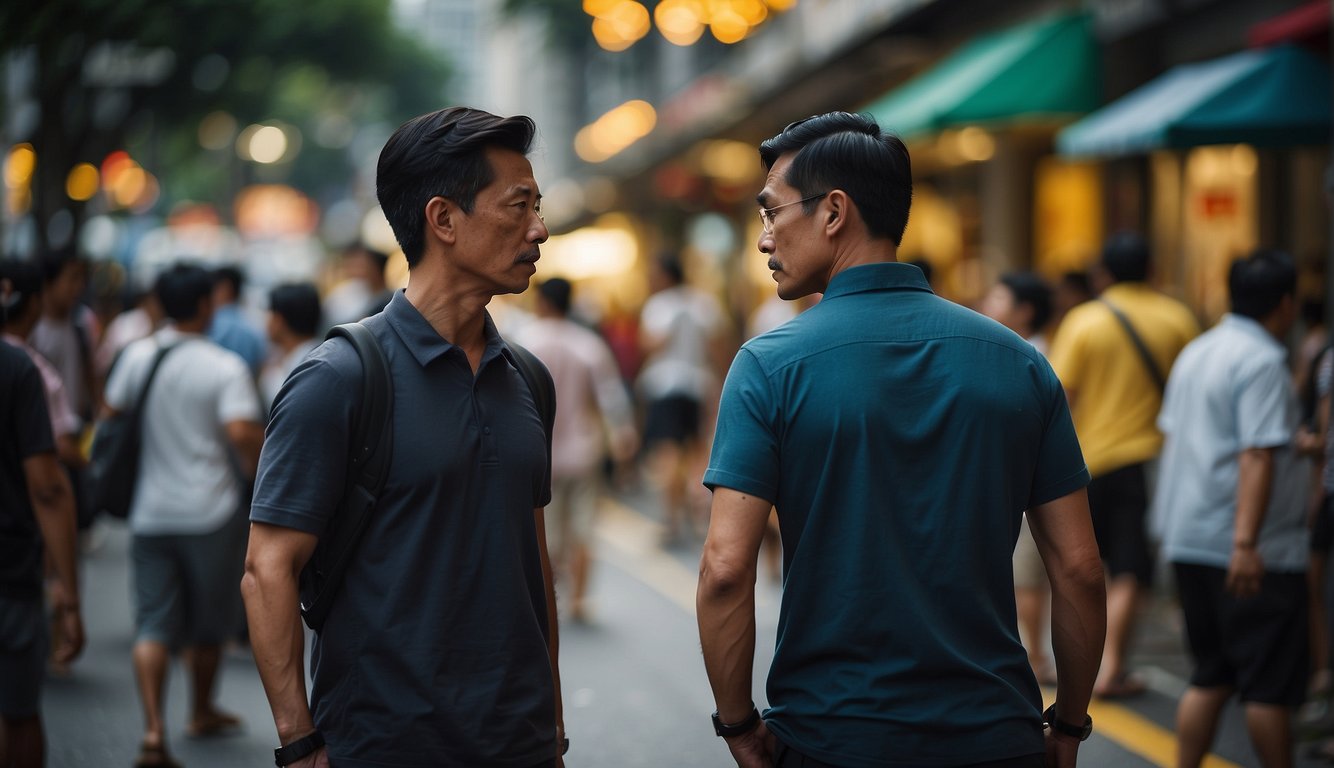 Two men in intense negotiation at a bustling Singapore street corner. A crowd gathers, watching the confrontation unfold