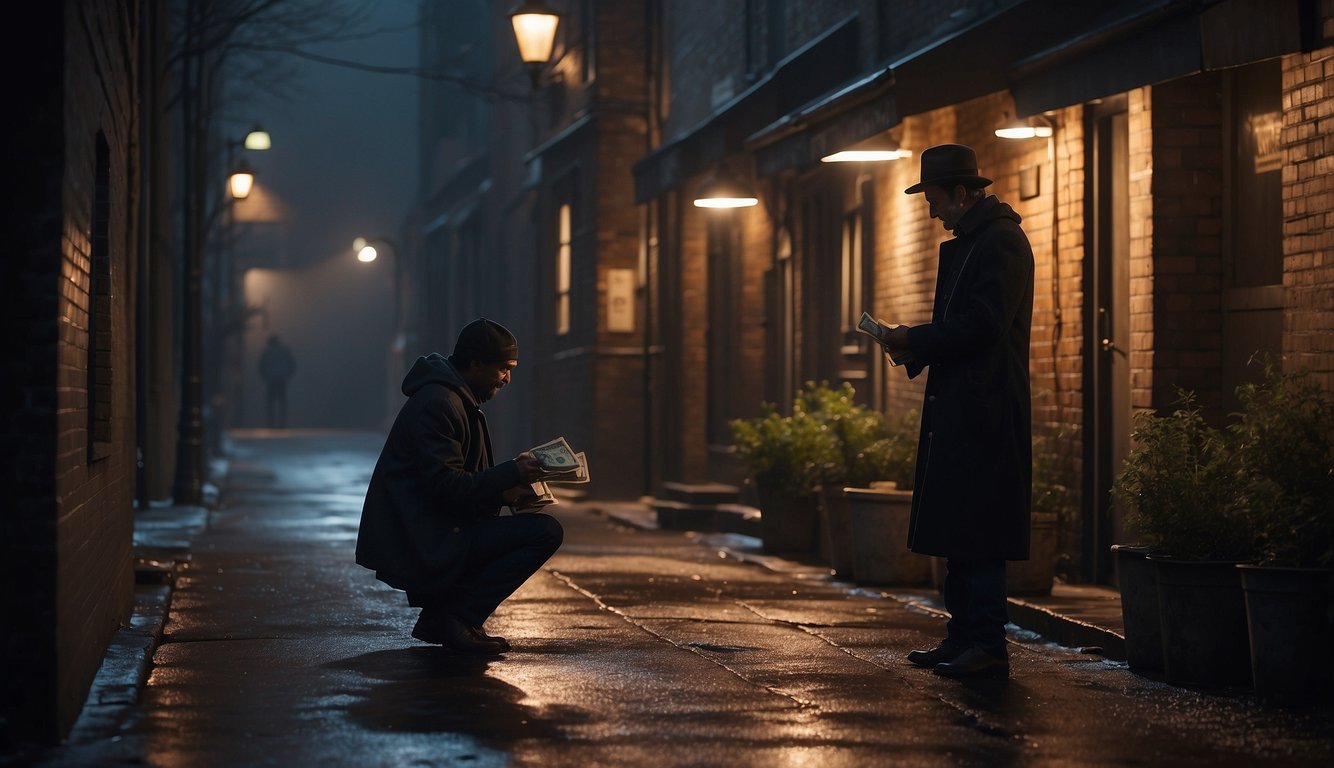 A dimly lit alleyway with a shadowy figure exchanging cash with a desperate borrower, surrounded by a sense of secrecy and danger