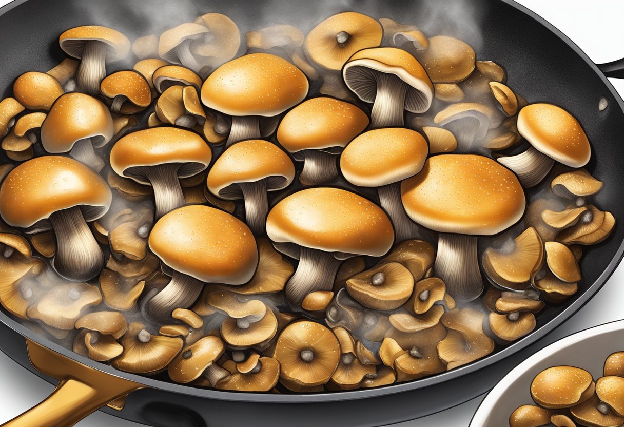 Sizzling mushrooms in a hot pan, releasing a savory aroma. The golden-brown mushrooms glisten with oil, showcasing their crispy texture. A sprinkle of salt and pepper adds flavor to the nutritious dish