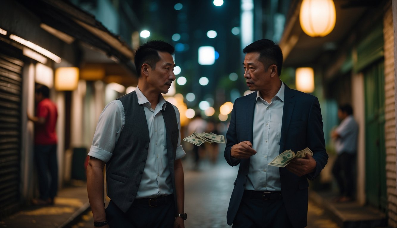A tense exchange between an Ah Long and a money lender in a dimly lit alleyway in Singapore. The Ah Long appears aggressive, while the money lender looks apprehensive