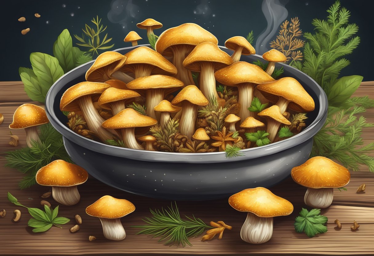 Golden fried mushrooms emit steam, surrounded by vibrant herbs and spices. A plate of crispy mushrooms sits atop a rustic wooden table