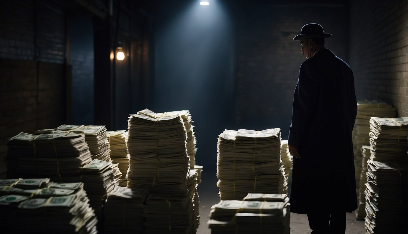 A shadowy figure lurks in a dimly lit alley, surrounded by stacks of cash and documents. Menacing signs and symbols adorn the walls, hinting at the illicit activities of the illegal money lender