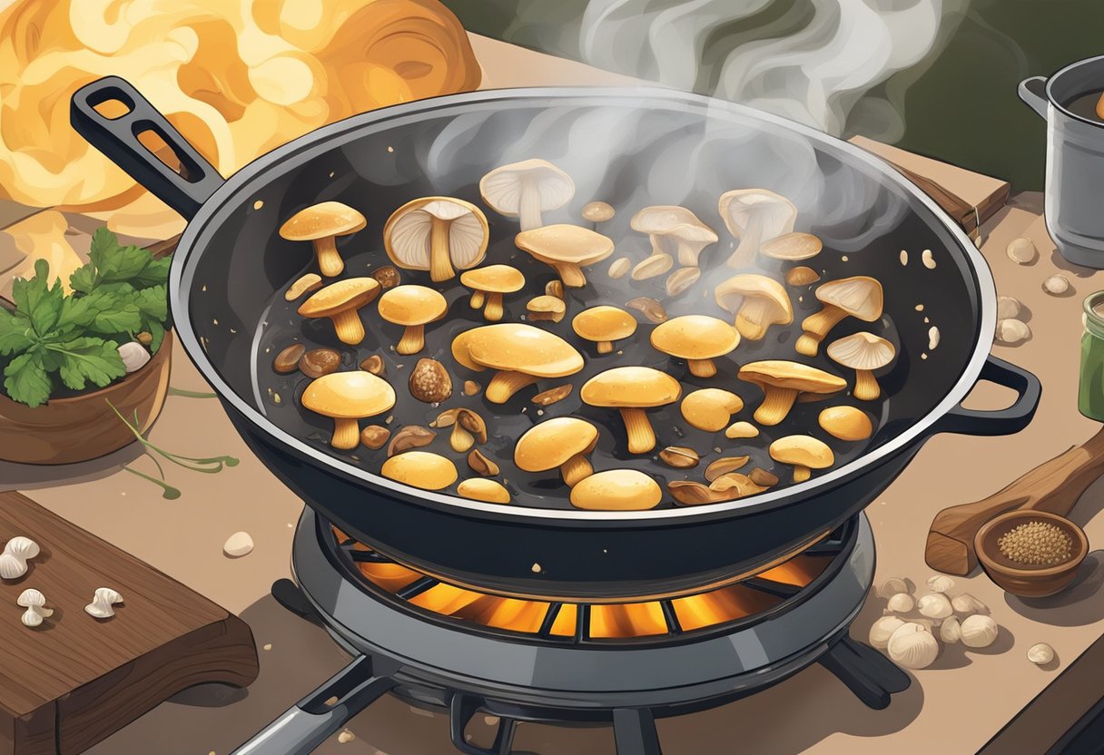 Mushrooms sizzle in hot oil, releasing a savory aroma. The cook flips them with a spatula, ensuring even browning