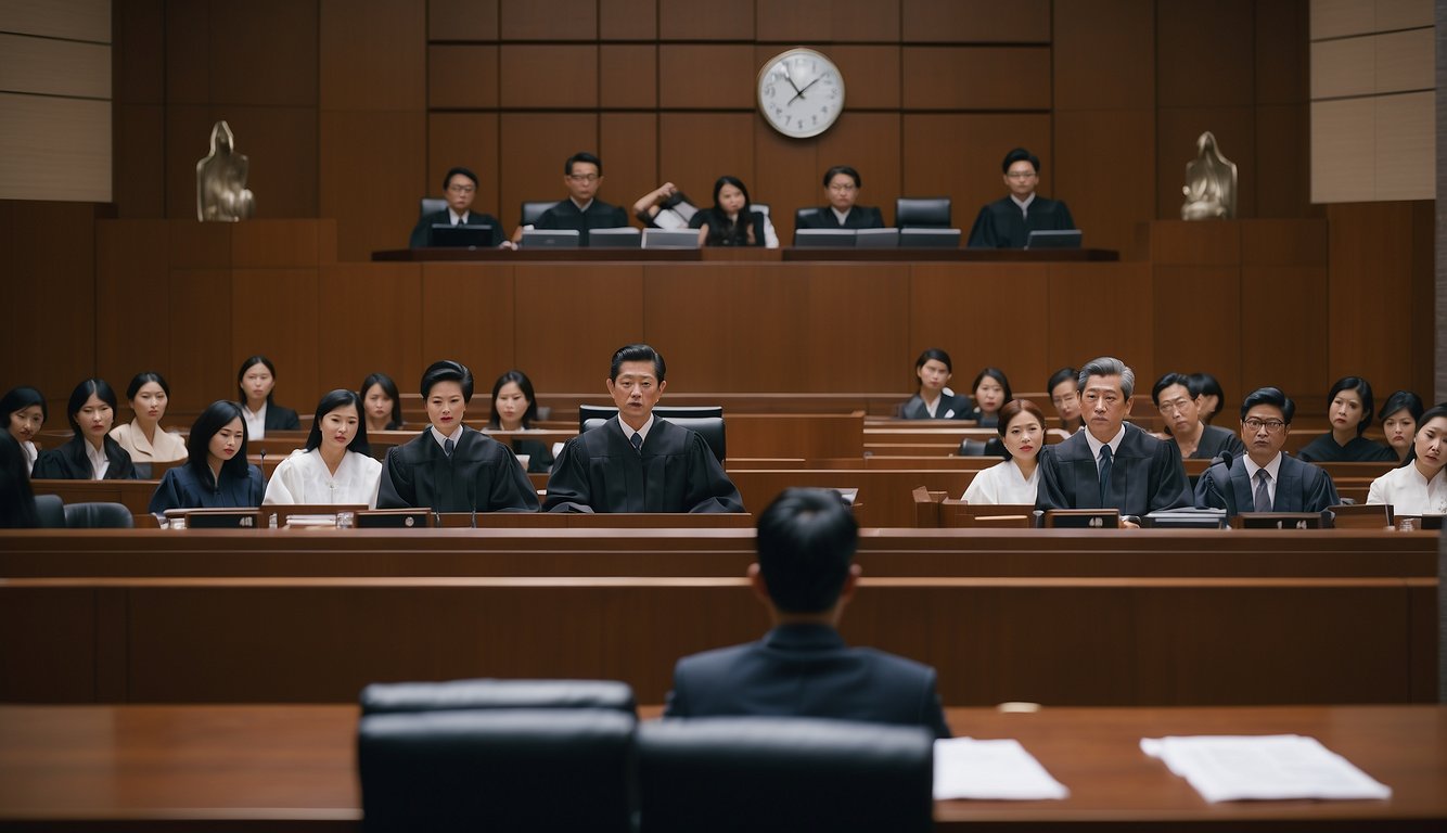 A courtroom scene with two opposing parties presenting arguments and evidence before a judge in Singapore