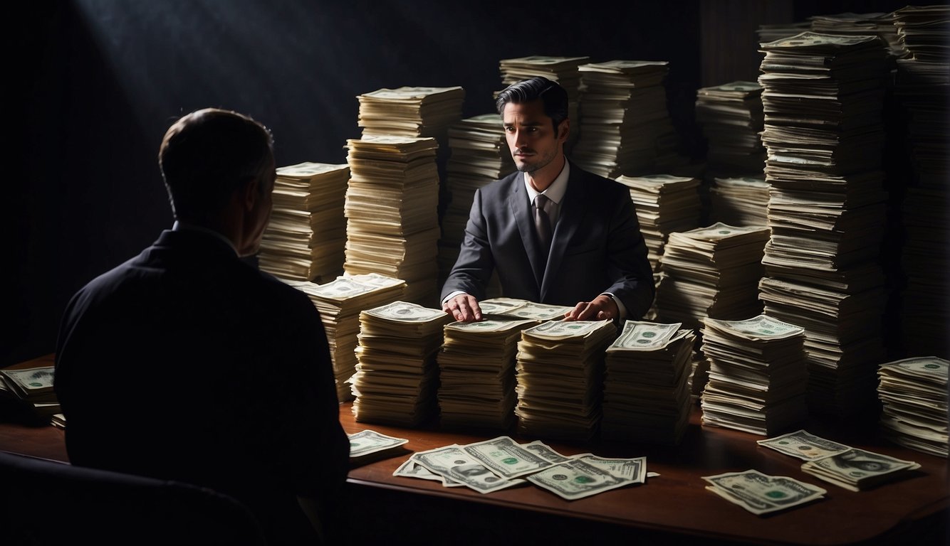 A shadowy figure counts stacks of cash in a dimly lit room, surrounded by intimidating loan documents and a ledger filled with names and numbers