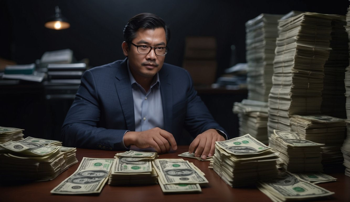 An "ah long" counts money in a dimly lit room, surrounded by stacks of cash and loan documents