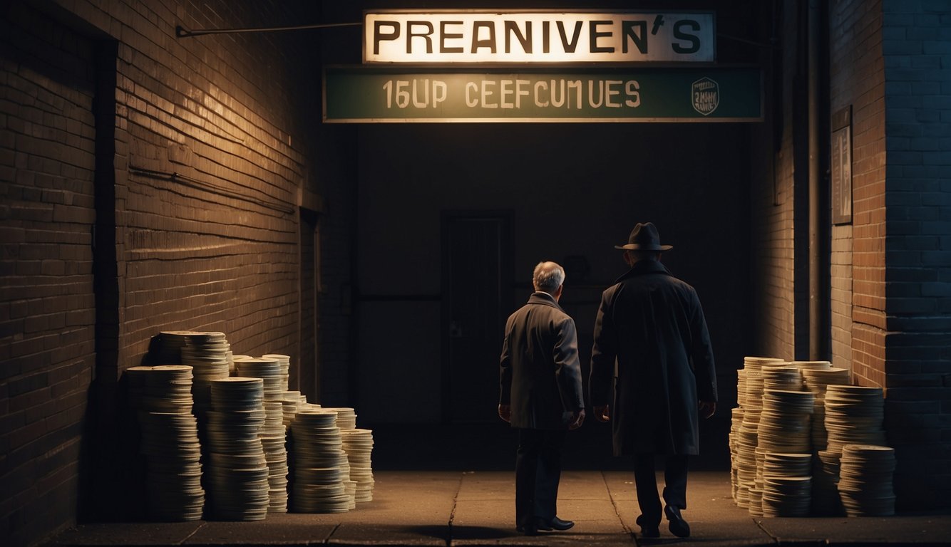 A shadowy figure lurks in a dimly lit alley, counting stacks of cash. A sign with the words "Preventive Measures" hangs above the entrance, warning those in debt of the consequences