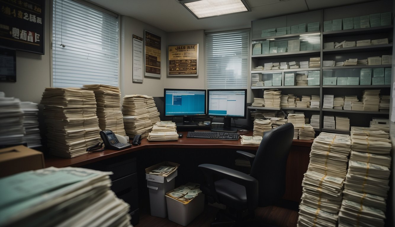An Ah Long's office in Singapore, with stacks of cash, loan documents, and intimidating signage
