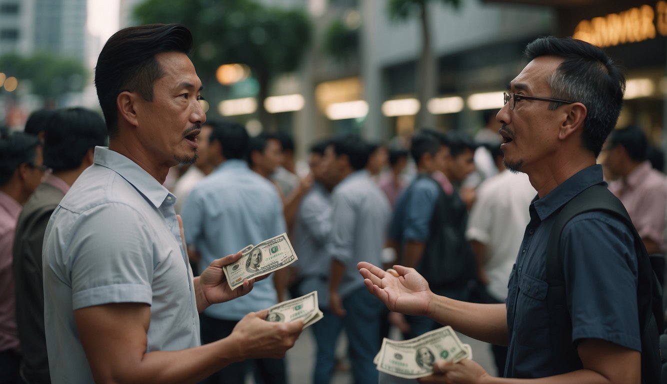 Two men in a heated argument over money in a crowded urban setting in Singapore. One man appears to be a loan shark while the other seems to be seeking support and resources