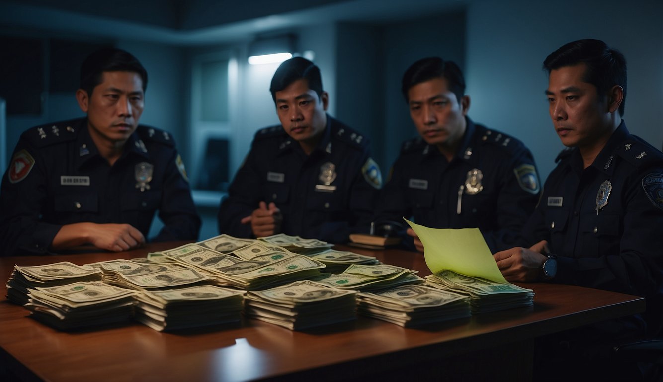 A group of authorities raid a dimly lit apartment, seizing documents and cash from an illegal money lender in Singapore