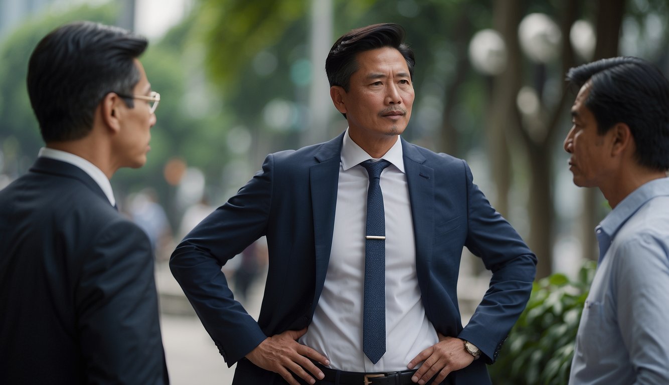 A tense exchange between a consumer advice advocate and a money lender in Singapore. The advocate stands firm, while the lender looms threateningly