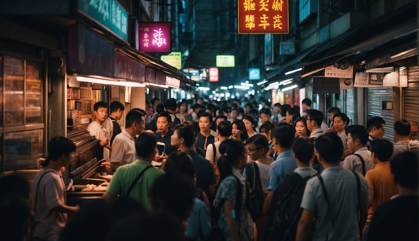 A crowded street in Singapore, with neon signs and people huddled around a figure in a dark alley, exchanging money and documents