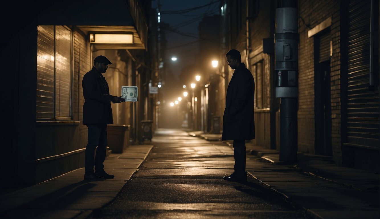 A dimly lit back alley, with a shadowy figure exchanging cash with a desperate borrower under the watchful eyes of surveillance cameras