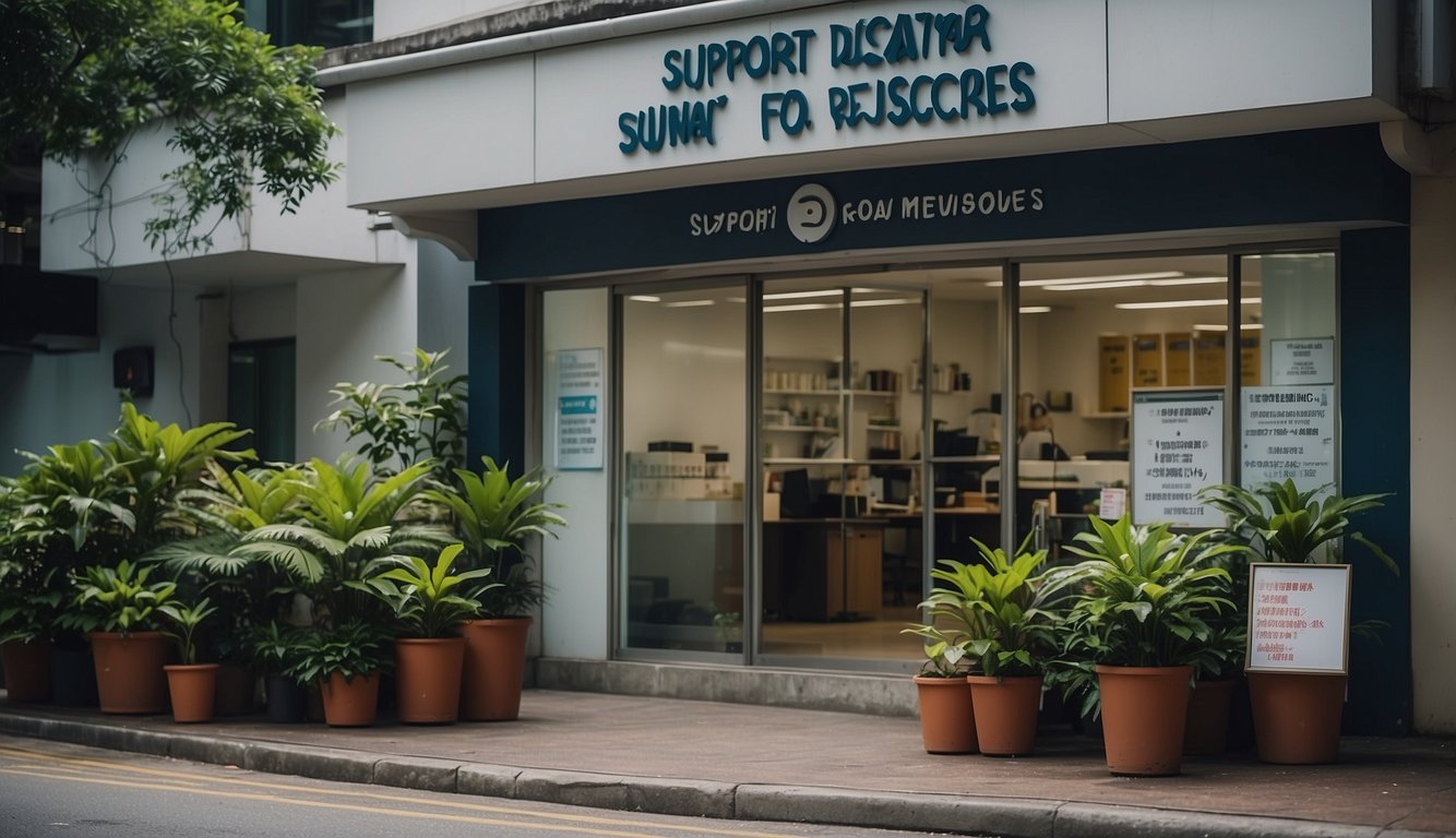 A small office with a sign reading "Support and Resources for Victims" in a bustling Singapore neighborhood