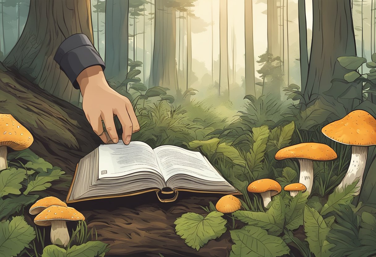 A hand reaches for a wild mushroom in the forest. A guidebook on edible mushrooms lies open nearby