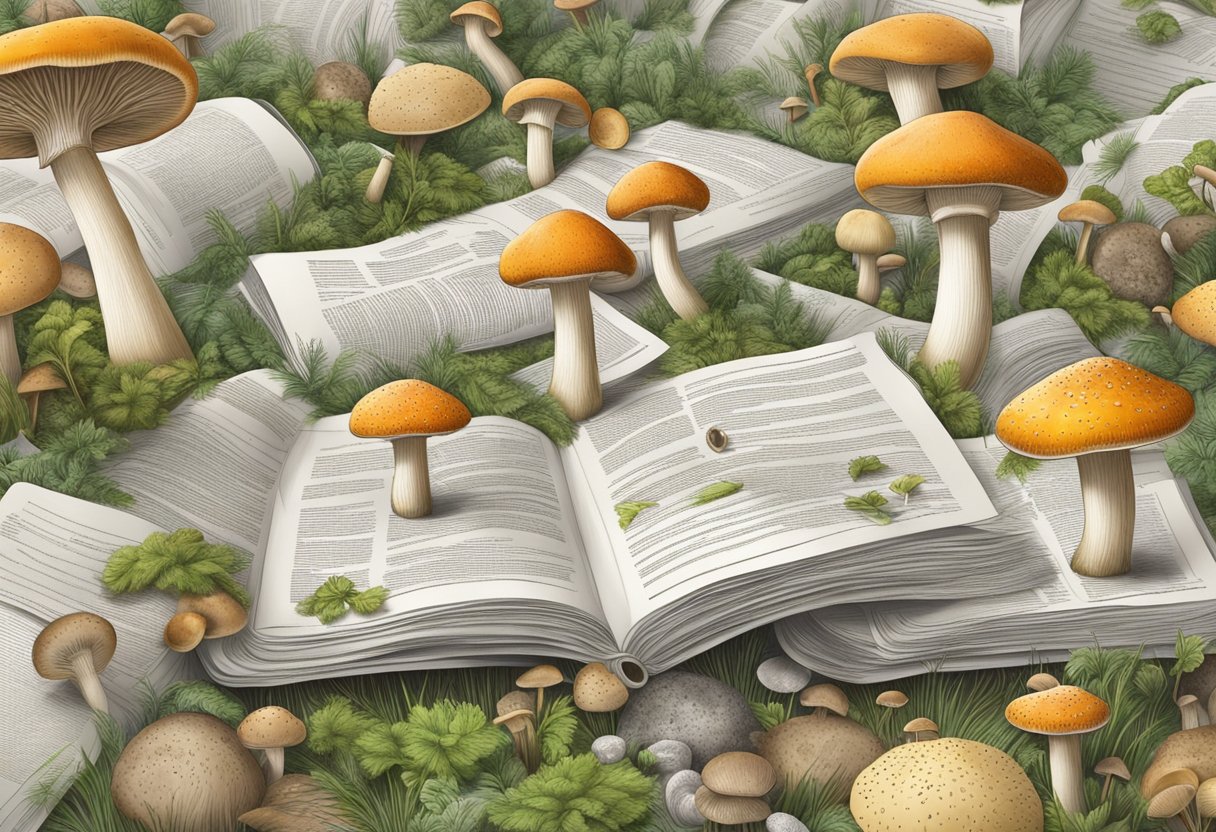 Mushroom spores scatter amidst legal documents and regulatory texts
