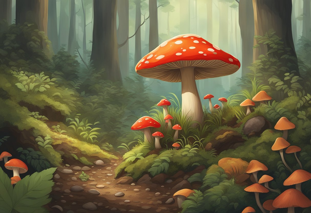 A lush forest floor with a towering, vibrant red-capped mushroom surrounded by smaller, earth-toned fungi