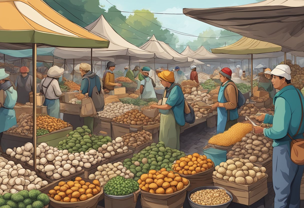 A bustling mushroom market with vendors selling the most popular varieties