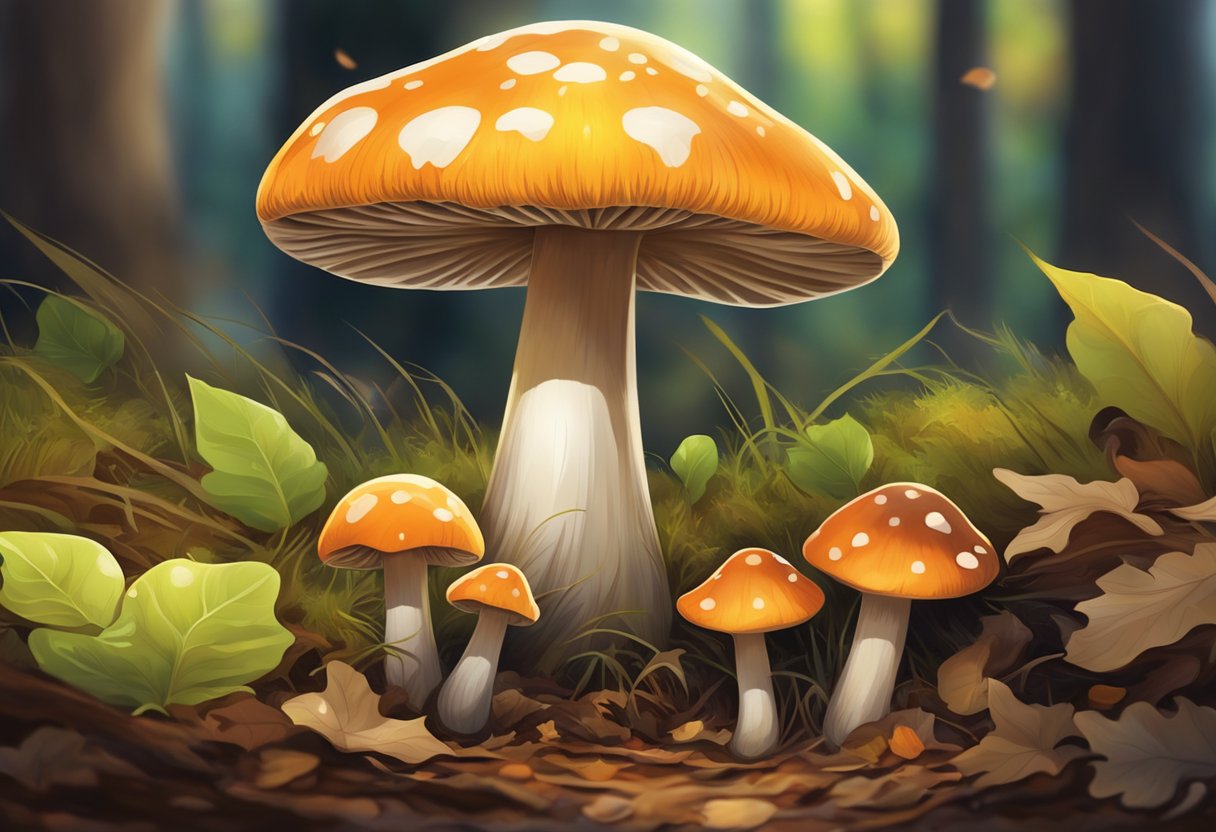 A vibrant mushroom sprouts from the forest floor, surrounded by fallen leaves and dappled sunlight