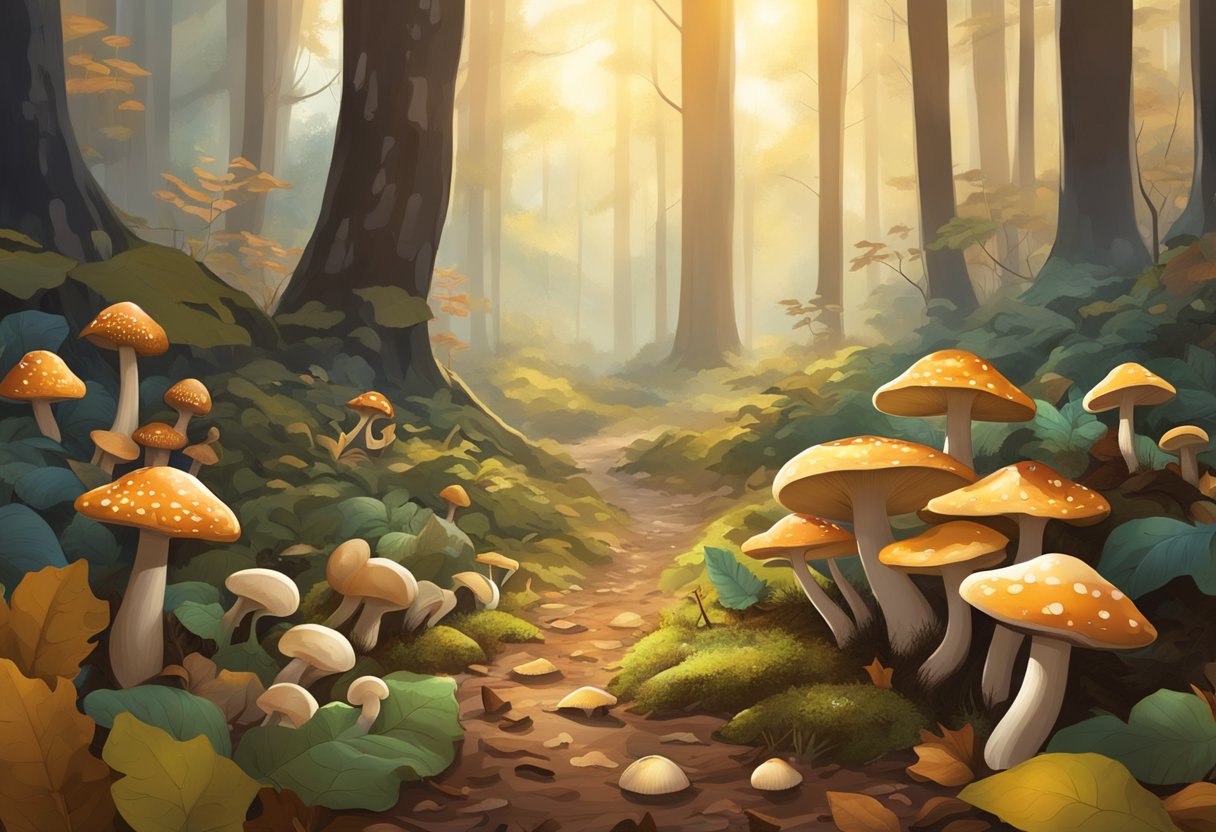 Lush forest floor with various types of mushrooms scattered among fallen leaves and decaying wood. Sunlight filters through the canopy, illuminating the diverse mushroom ecosystem