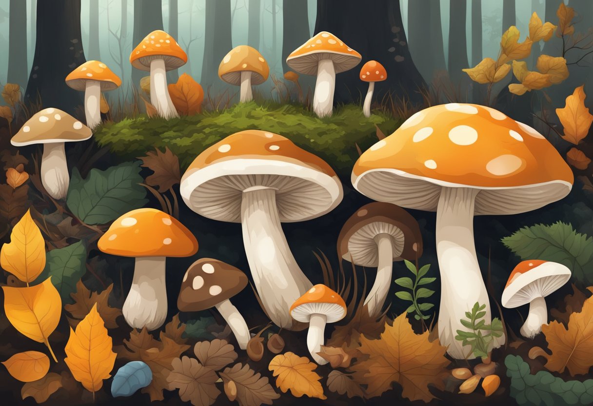 Various mushrooms of different shapes and sizes growing on the forest floor, surrounded by fallen leaves and twigs