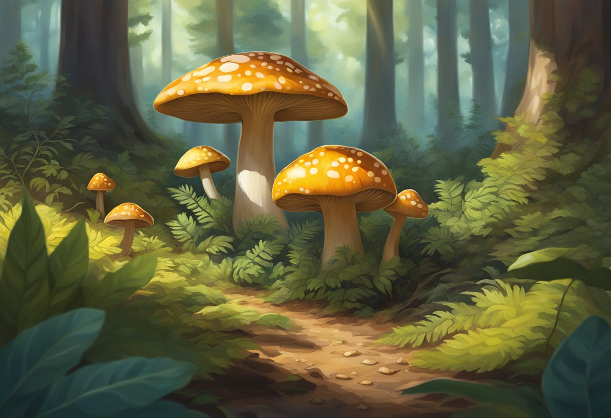 A vibrant forest floor, dappled with sunlight, reveals the rarest mushroom in the world, its intricate and otherworldly form standing out among the surrounding foliage