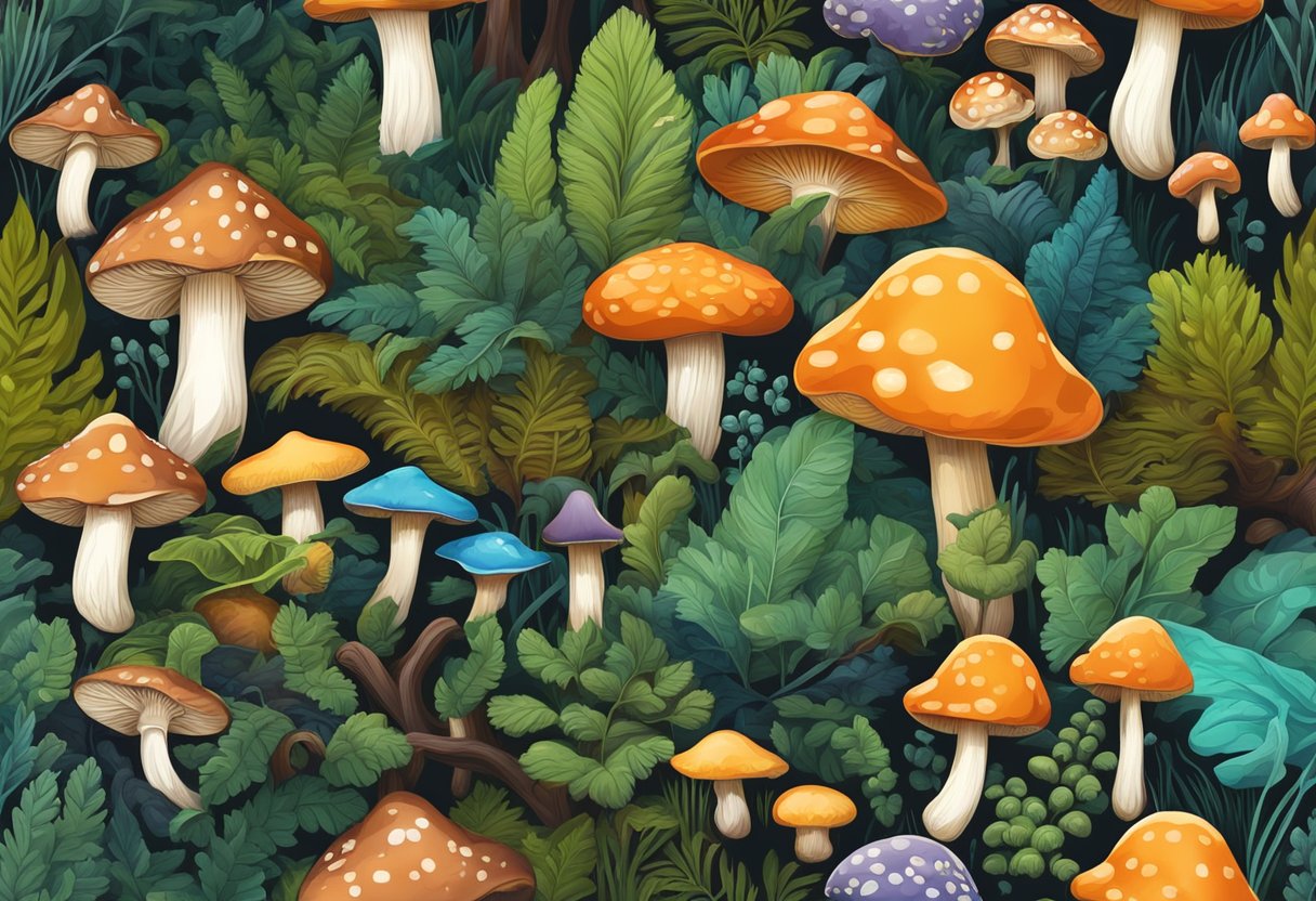 A dense forest floor with a variety of rare mushrooms in vibrant colors and unique shapes, including the elusive and rarest mushroom in the world