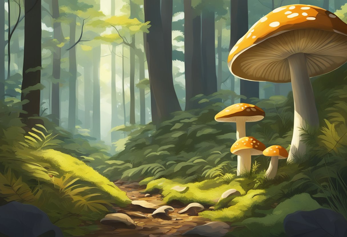 Lush forest floor, dappled sunlight, rarest mushroom nestled among fallen leaves and moss, surrounded by towering trees