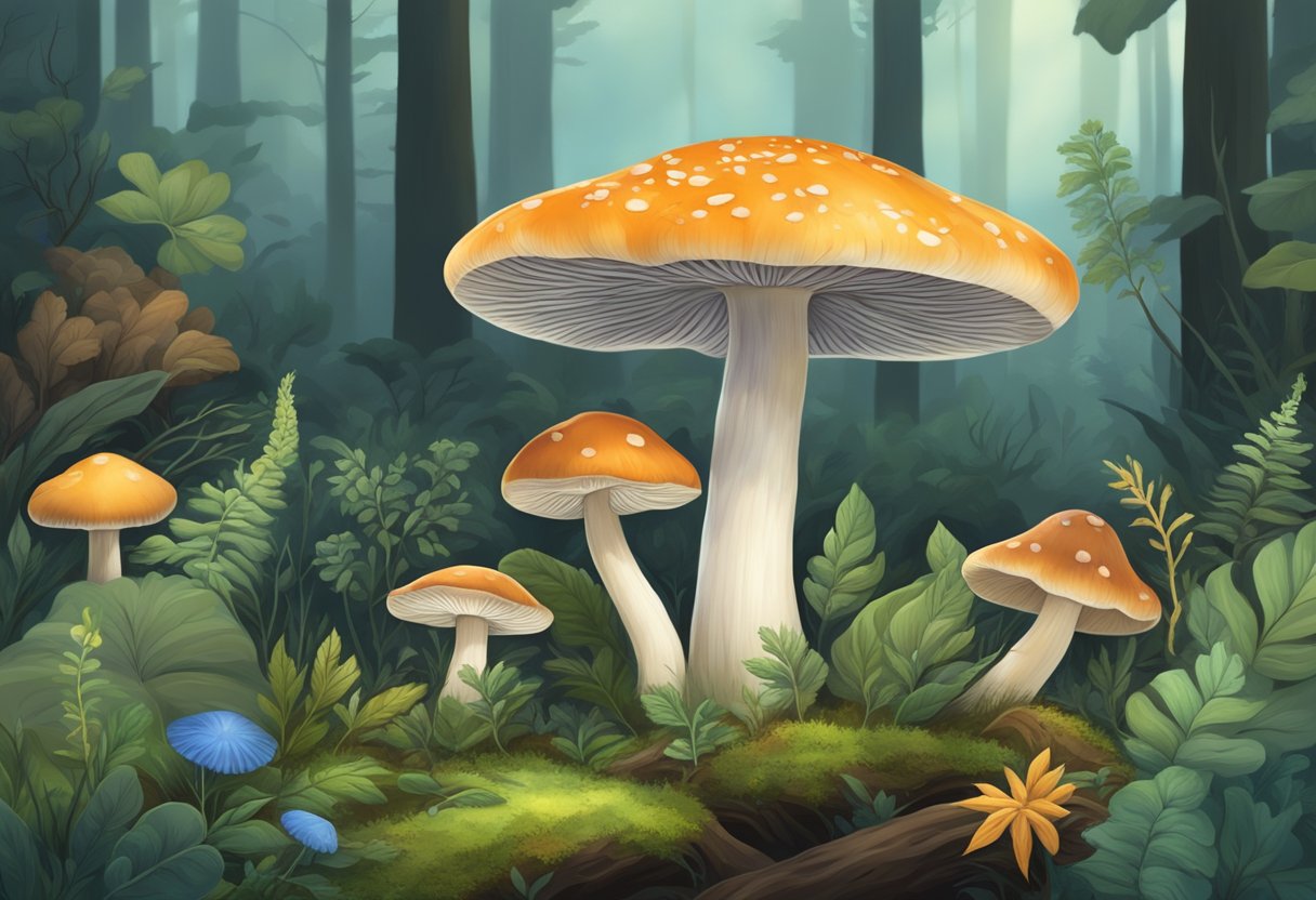 A rare mushroom, with culinary and medicinal value, grows in a lush, misty forest, surrounded by diverse flora and fauna