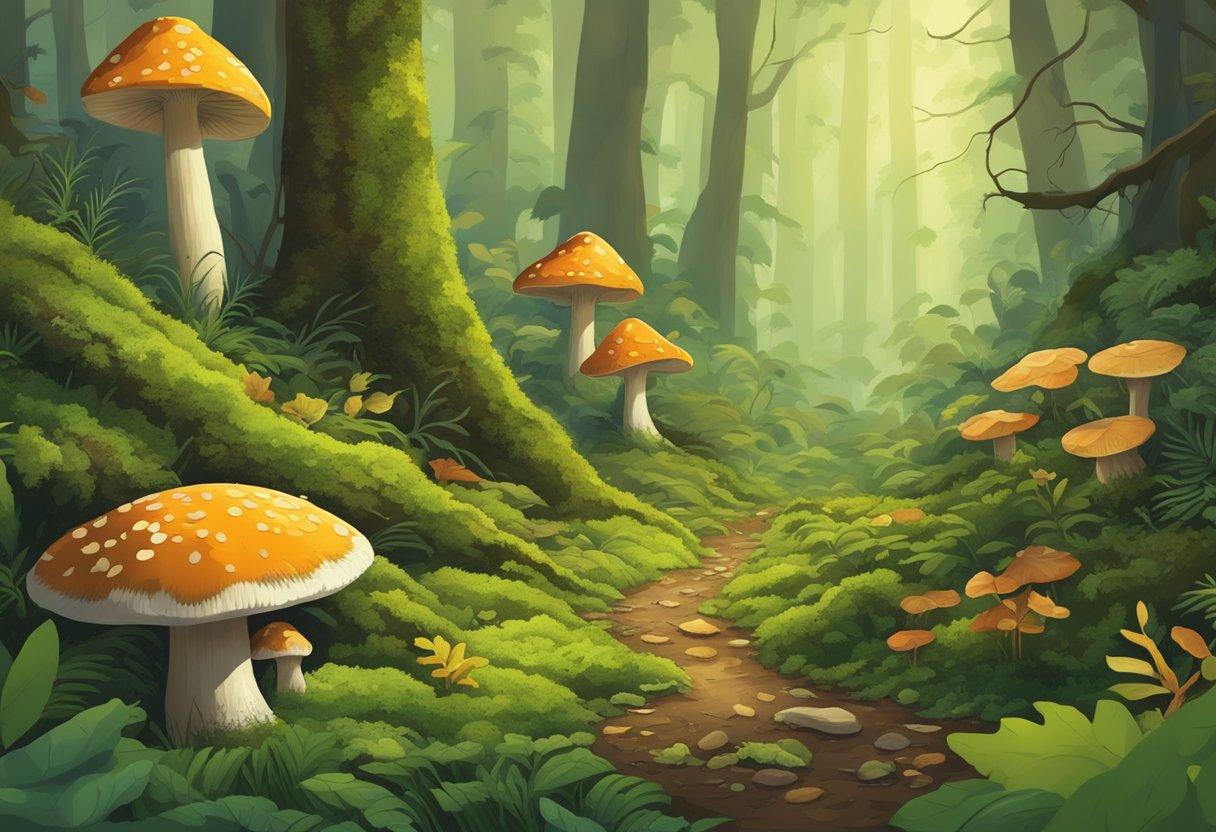 A dense forest floor with vibrant green moss and fallen leaves, where a rare mushroom grows among the underbrush, surrounded by small animals foraging for food