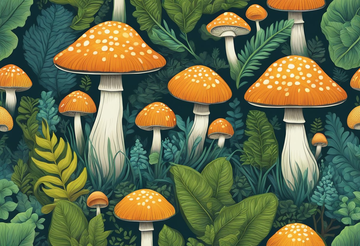 A vibrant, lush forest floor with a single, glowing mushroom standing out among the foliage. Its unique, intricate patterns and colors make it clear that this is the rarest mushroom in the world