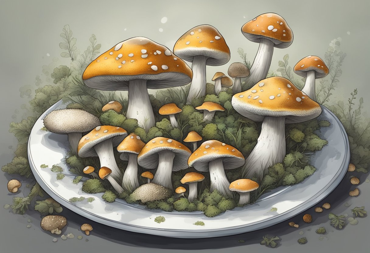 Mushrooms covered in mold sit on a plate, surrounded by a few scattered spores