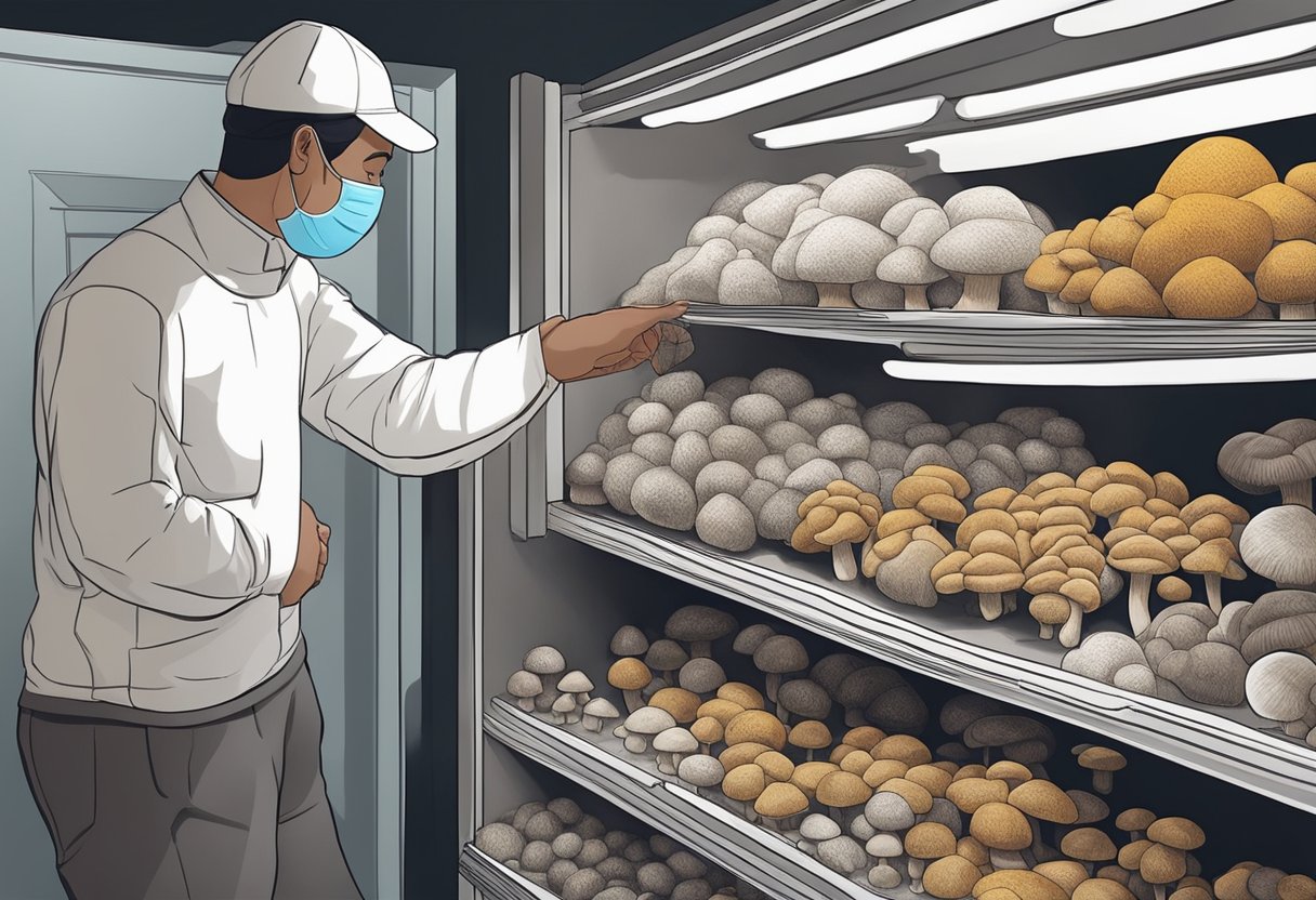 Mushrooms in a cool, dark pantry, stored in breathable containers. A hand gently inspecting for mold before use