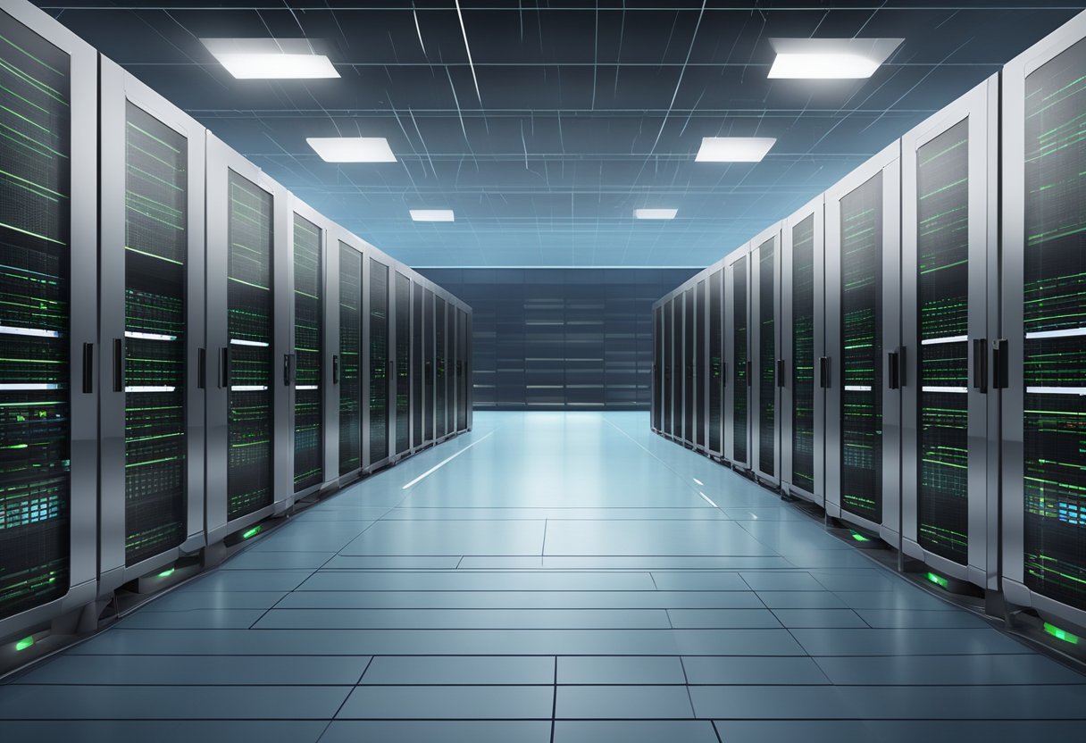 A sleek and modern data center with rows of servers humming with activity, showcasing the performance and reliability of WPX hosting