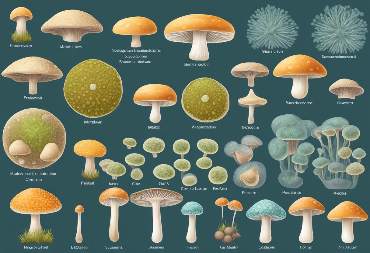 A microscope revealing mushroom cells, some single-celled and others multicellular, with clear labels for fungal classification and types