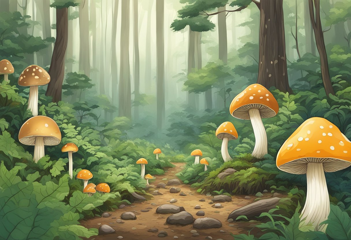 Shimeji mushrooms confront enoki in a forest clearing