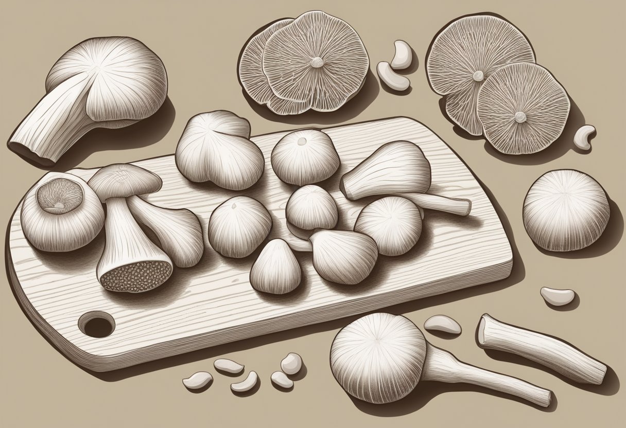 Shimeji and enoki mushrooms are neatly arranged on a cutting board, ready to be sliced and cooked