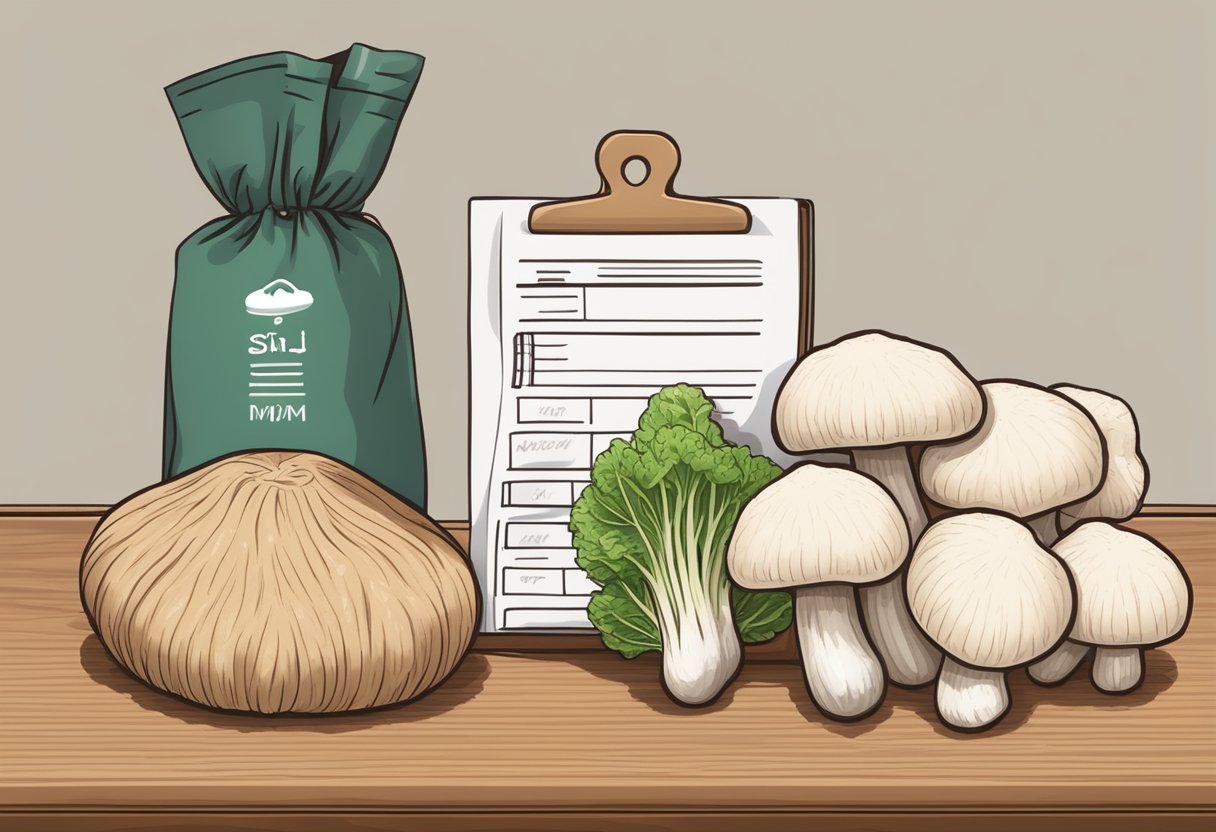 Shimeji and enoki mushrooms sit side by side on a wooden cutting board, with a grocery bag and shopping list in the background