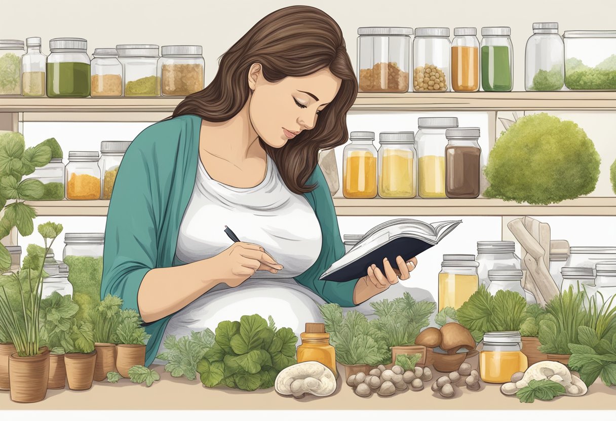 A pregnant woman researching mushroom supplements