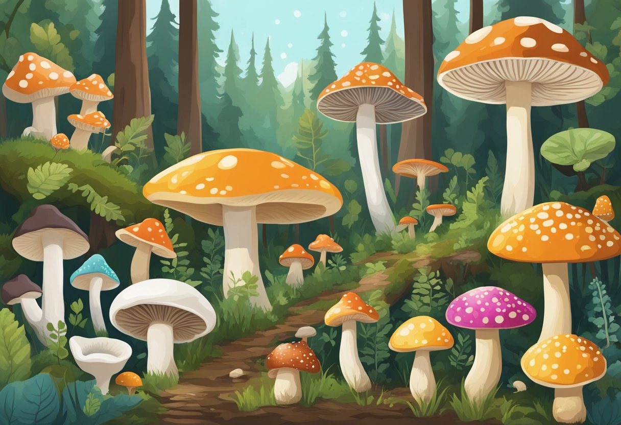 Various mushrooms in a forest, each with unique shapes and colors. Some are growing on trees, others on the ground. A scientific chart shows their specific impacts
