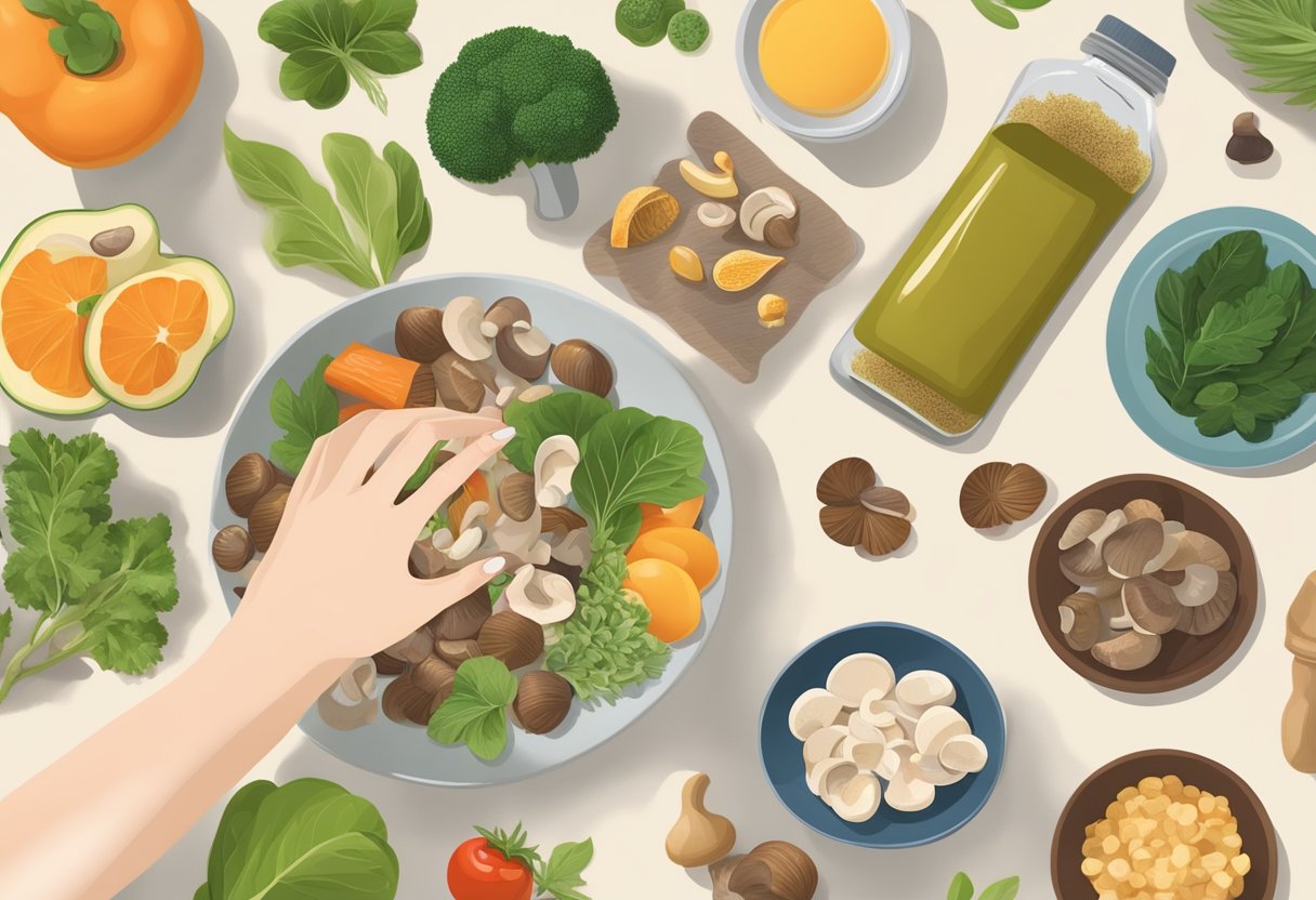 A pregnant woman's hand reaches for a bottle of mushroom supplements, next to a plate of healthy foods