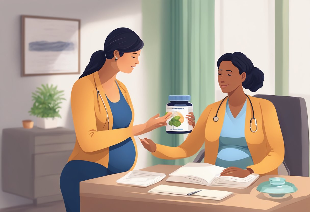 A pregnant woman speaks to her doctor about taking mushroom supplements for her health