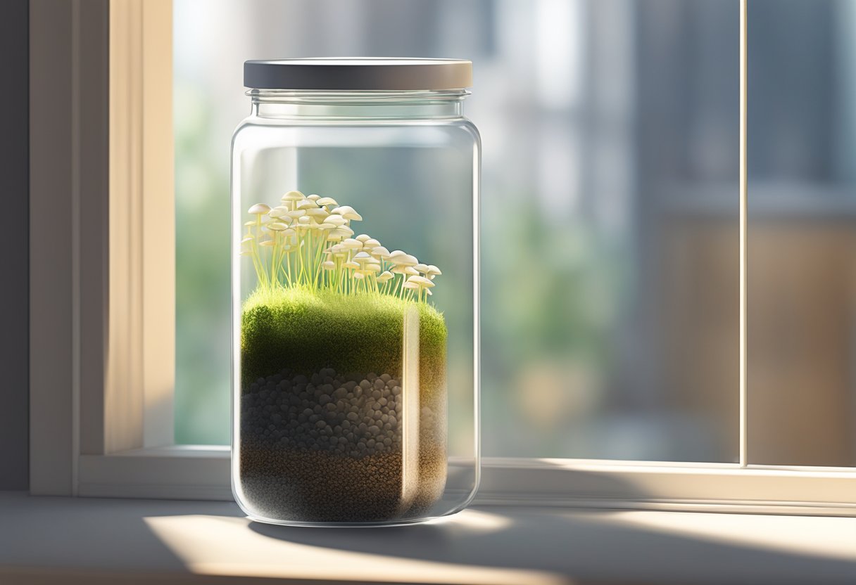 A clear glass jar filled with nutrient-rich substrate, covered with a breathable lid, sits on a windowsill, receiving indirect sunlight. Tiny mushroom mycelium strands spread across the surface, indicating successful cultivation without spores