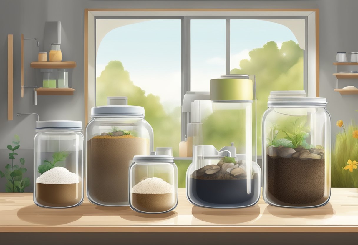 A table with jars, soil, and mushroom mycelium. A person sterilizing equipment. A bright, clean room with natural light