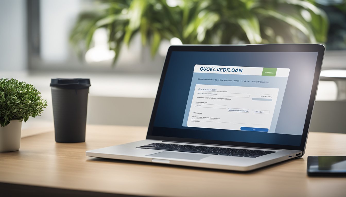 A person sits at a computer, filling out a personal loan application online. The screen displays the website of Quick Credit Pte Ltd with a clear and simple application form