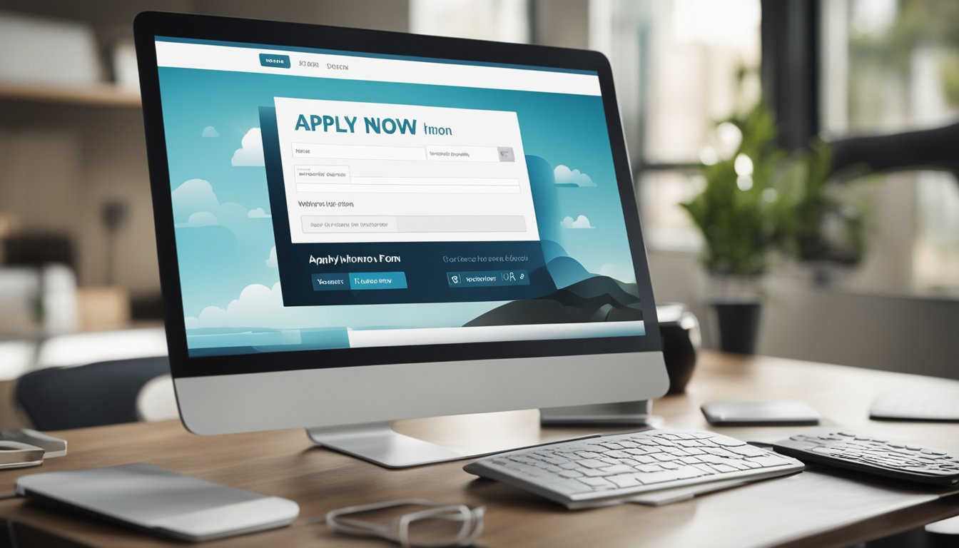 A computer screen displaying a website with a personal loan application form open, with a cursor hovering over the "Apply Now" button