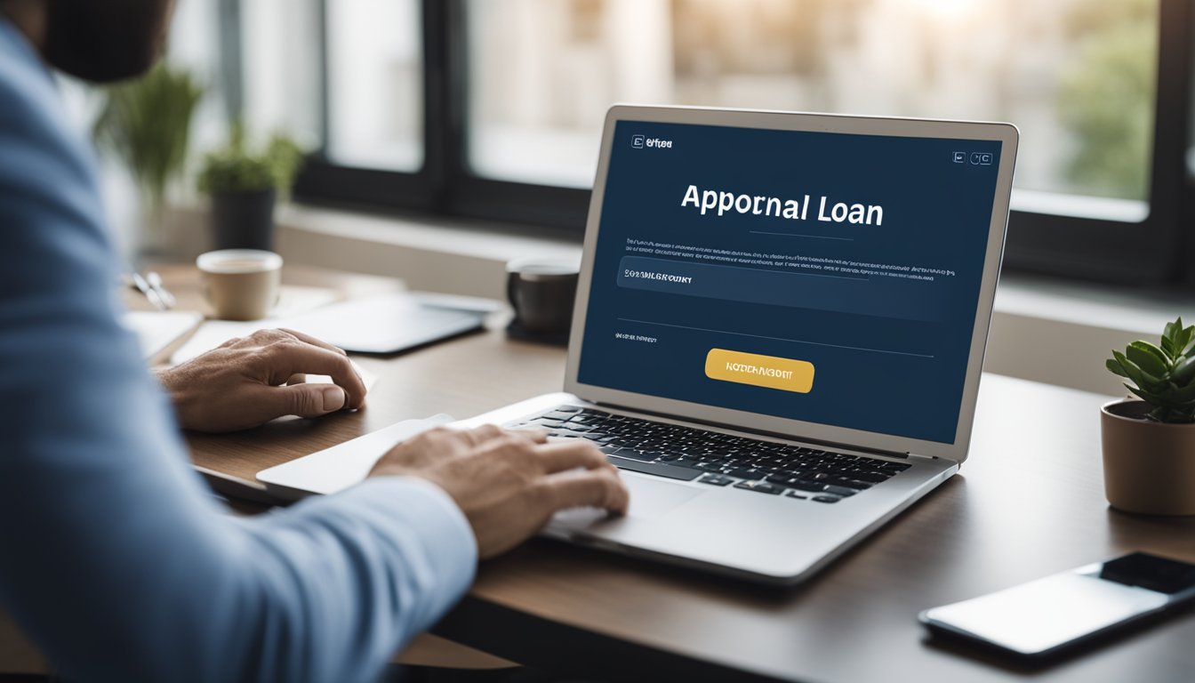 A person sitting at a desk with a laptop, filling out an online personal loan application. A notification of approval and disbursement pops up on the screen