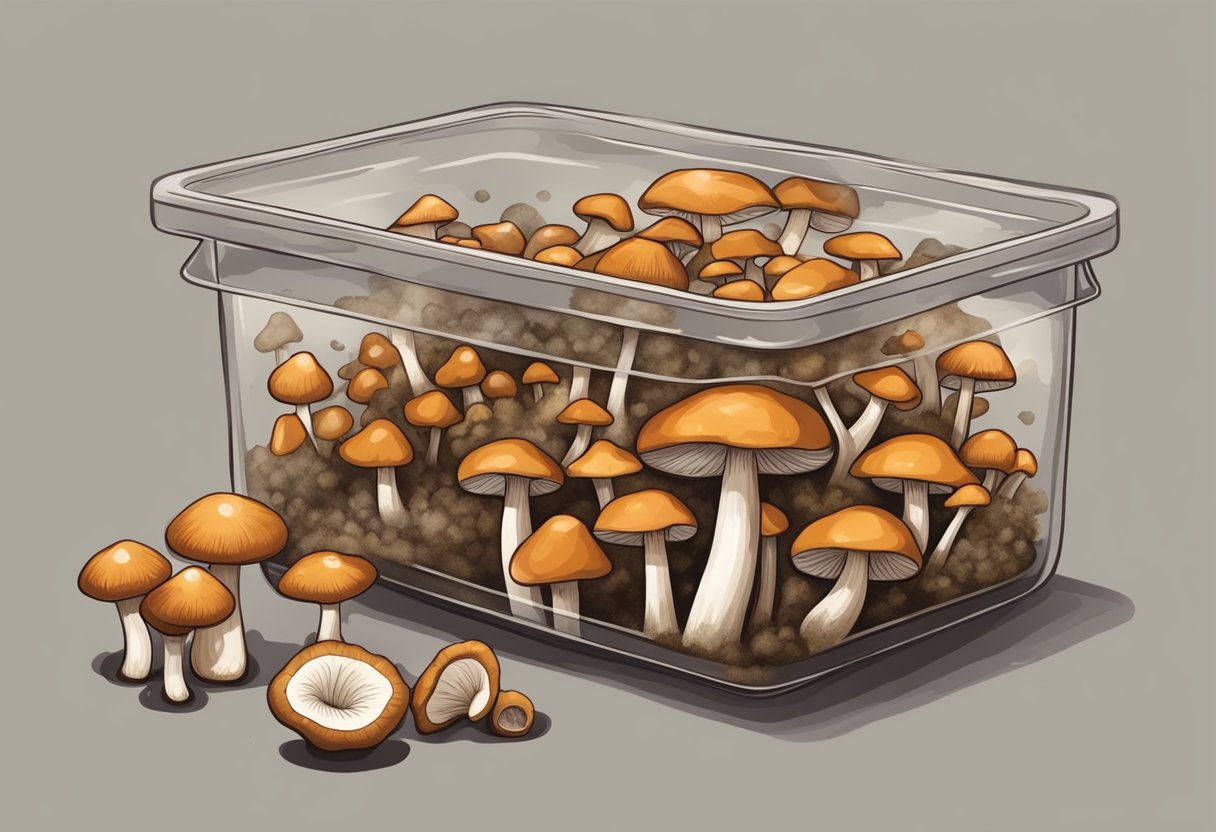 Mushrooms turning brown in a closed container. A few mushrooms are moldy. Some are slimy and have a strong odor