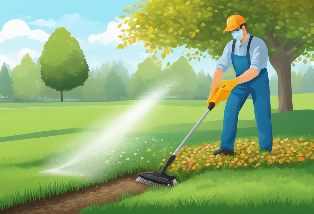 Spraying fungicide on grass, removing dead leaves, and improving drainage to prevent mushroom growth in the lawn