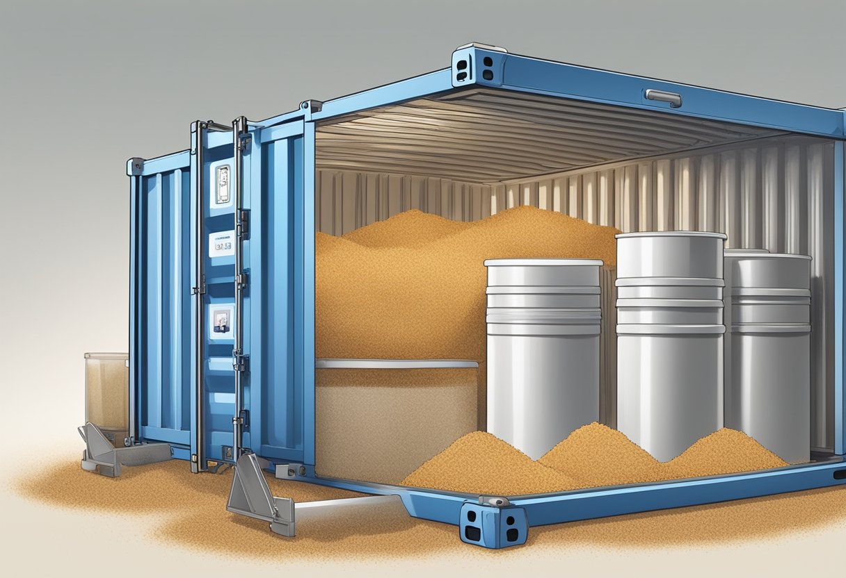 A large container is filled with sawdust and water, then heated to sterilize. Once cooled, mushroom spawn is mixed in and the container is sealed for incubation